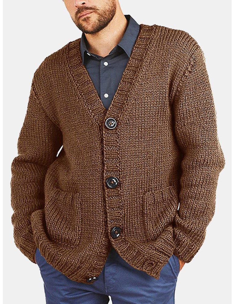 Men Vintage Knit Button V-Neck Double Pockets Casual Cardigans