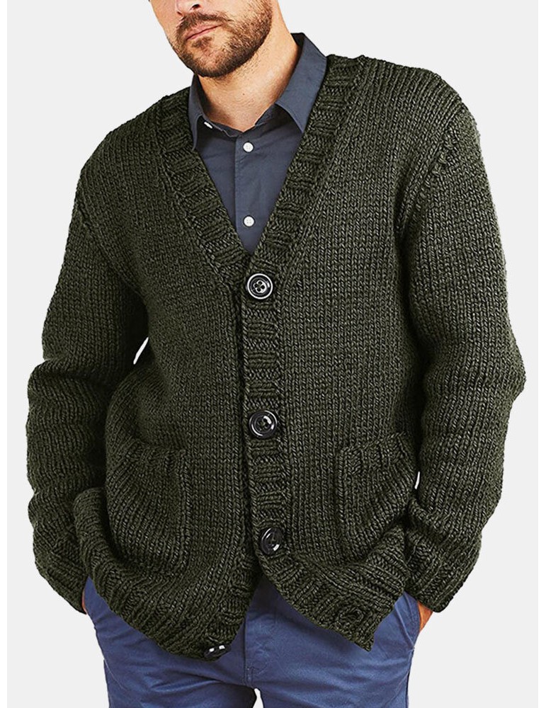 Men Vintage Knit Button V-Neck Double Pockets Casual Cardigans