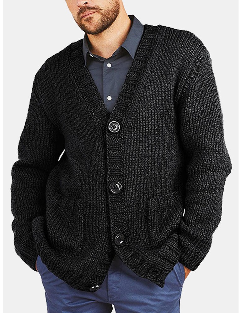 Men Vintage Knit Button V-Neck Double Pockets Casual Cardigans