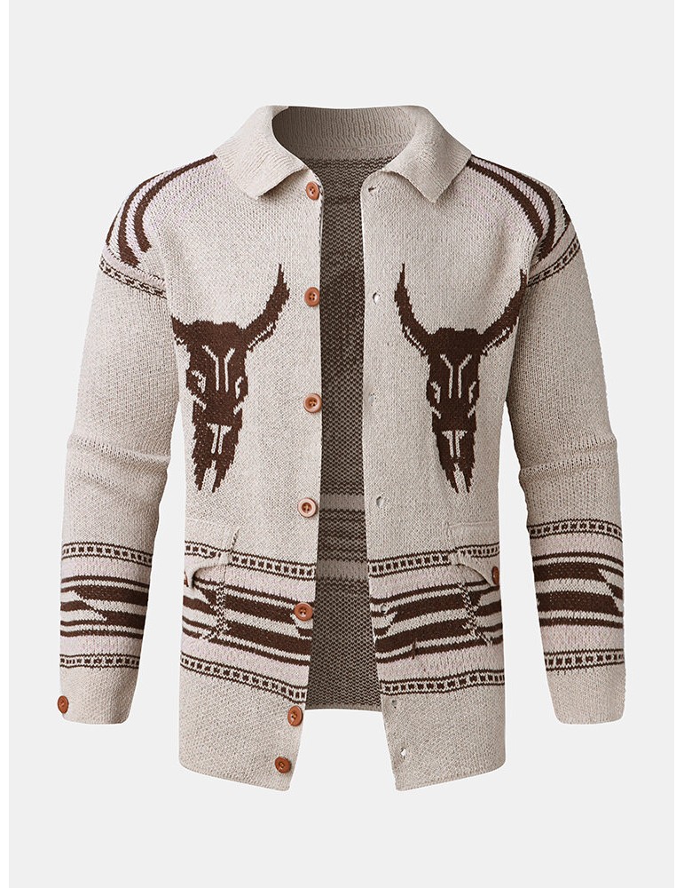 Mens Vintage Pattern Single-Breasted Warm Knitted Sweater Cardigans