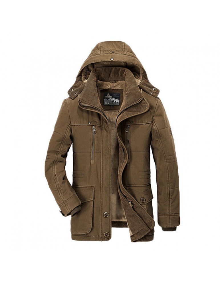 Mens Thick Fleece Winter Coat Hooded Outdoor Solid Color Jacket