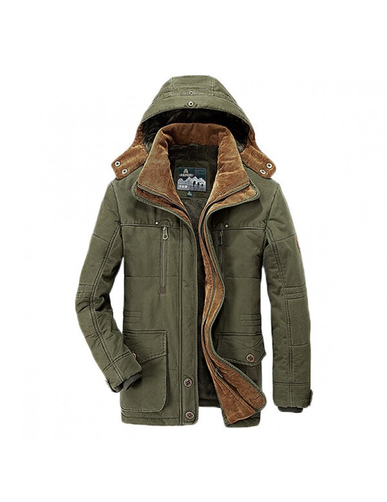 Mens Thick Fleece Winter Coat Hooded Outdoor Solid Color Jacket