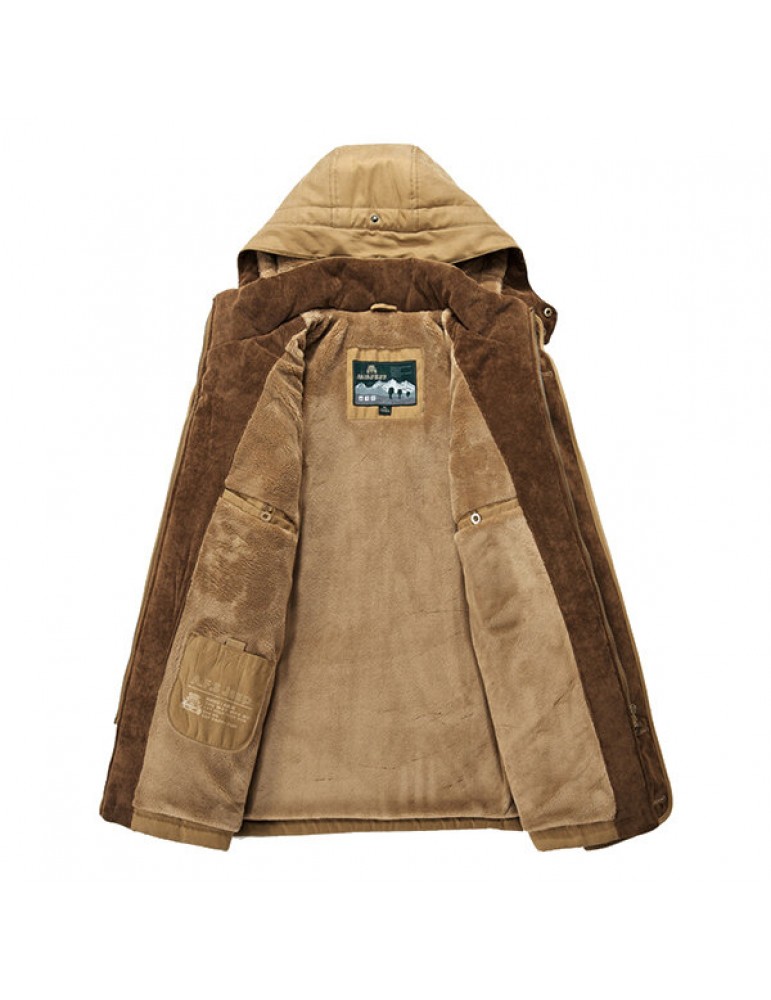 Mens Thick Fleece Winter Coat Hooded Outdoor Solid Color Jacket