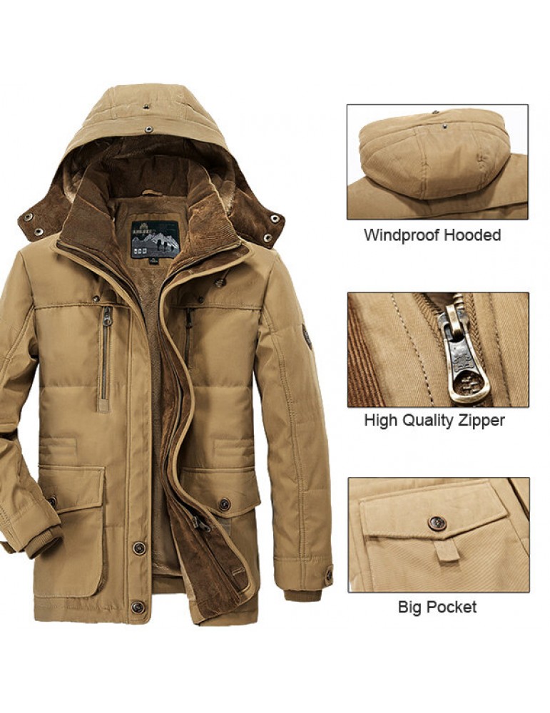 Mens Thick Fleece Winter Coat Hooded Outdoor Solid Color Jacket