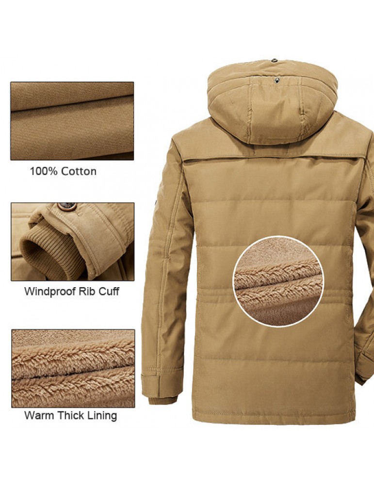 Mens Thick Fleece Winter Coat Hooded Outdoor Solid Color Jacket