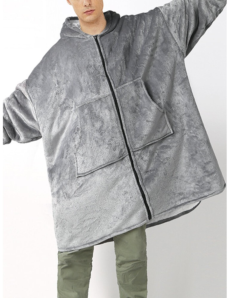 Mens Flannel Warm Soft Solid Color Zipper Kangaroo Pocket Blanket Hoodie Oversized Home Robes