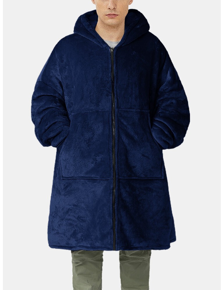Mens Flannel Warm Soft Solid Color Zipper Kangaroo Pocket Blanket Hoodie Oversized Home Robes