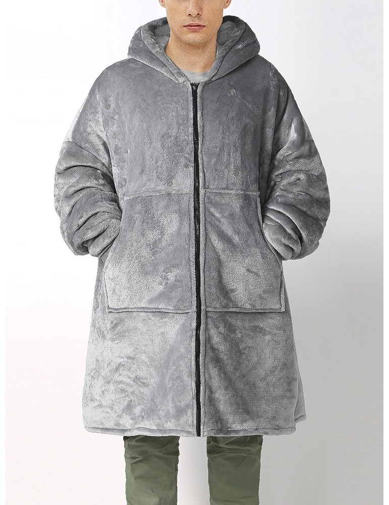 Mens Flannel Warm Soft Solid Color Zipper Kangaroo Pocket Blanket Hoodie Oversized Home Robes