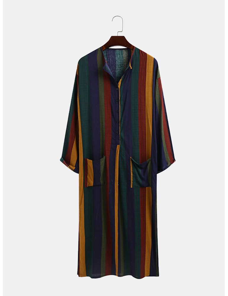 Mens Vintage Multi-Color Striped Print Button Up Home Casual Long Sleeve Robes With Pockets
