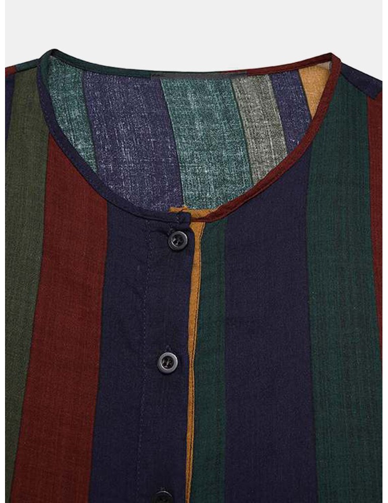 Mens Vintage Multi-Color Striped Print Button Up Home Casual Long Sleeve Robes With Pockets
