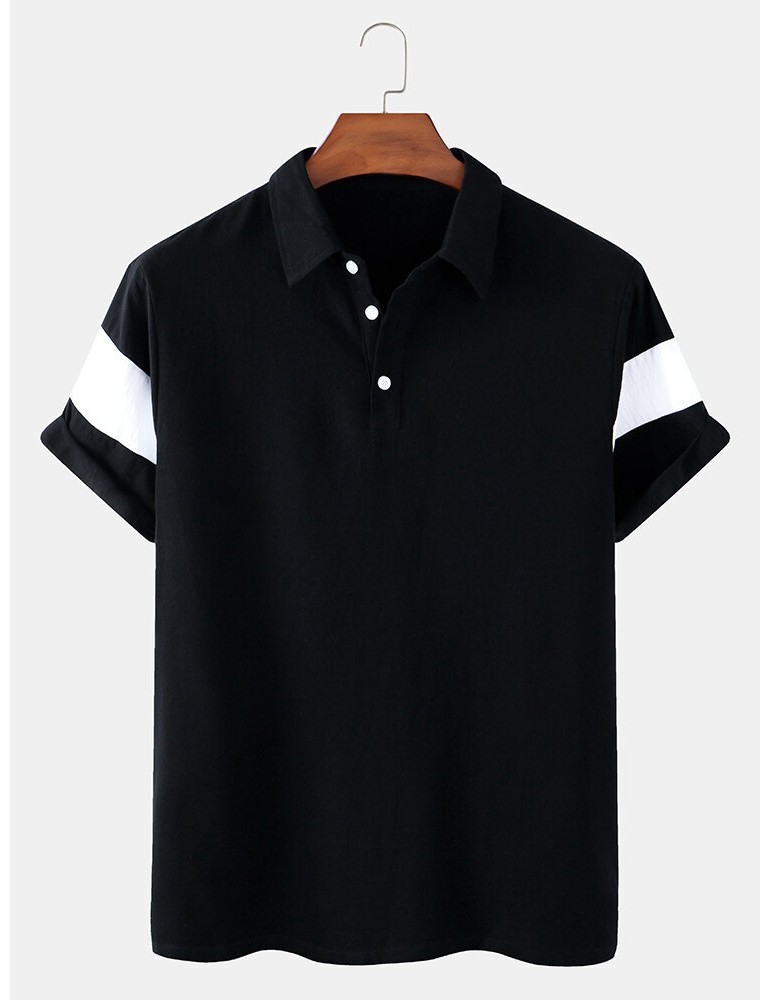 Mens Color Block Cotton Half Open Button Short Sleeve Casual Golf Shirts