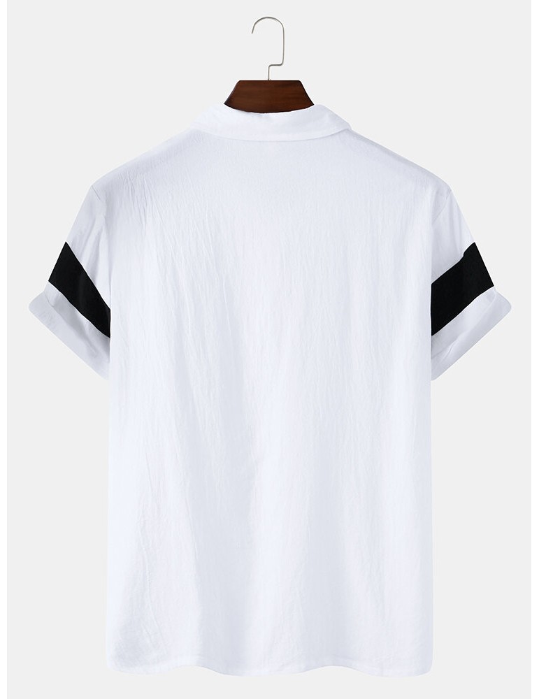 Mens Color Block Cotton Half Open Button Short Sleeve Casual Golf Shirts
