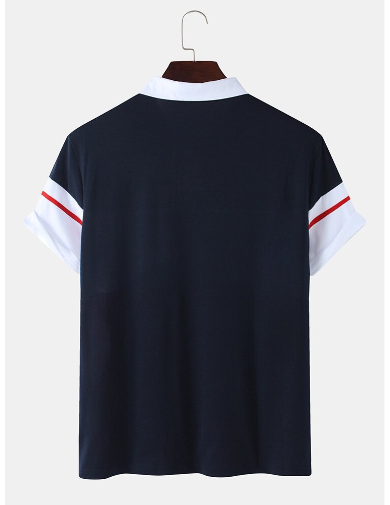 Mens Color Block Patchwork Casual Short Sleeve Golf Shirt
