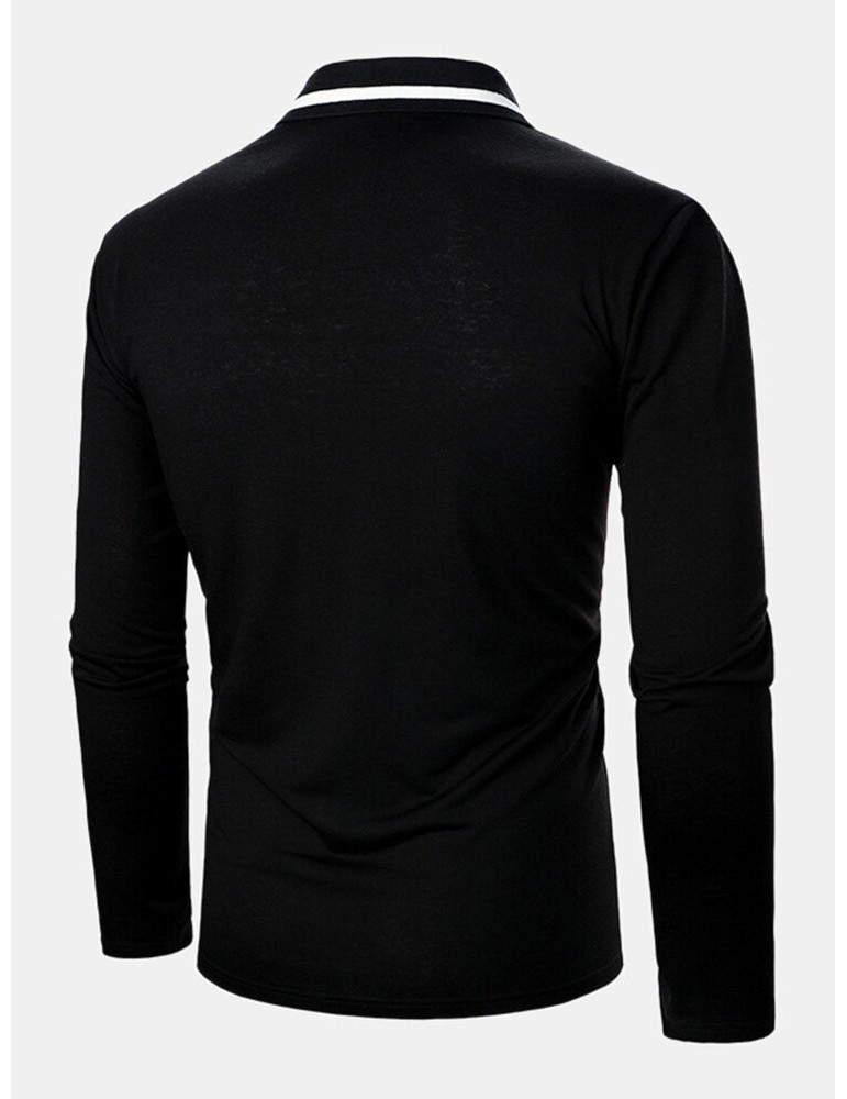 Mens Contrast Color Two Tone Patchwork Lapel Long Sleeve Golf Shirts