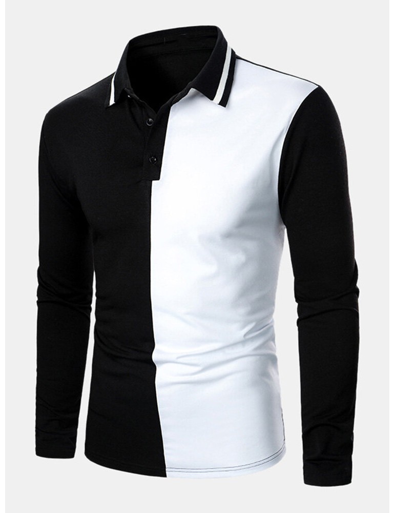 Mens Contrast Color Two Tone Patchwork Lapel Long Sleeve Golf Shirts