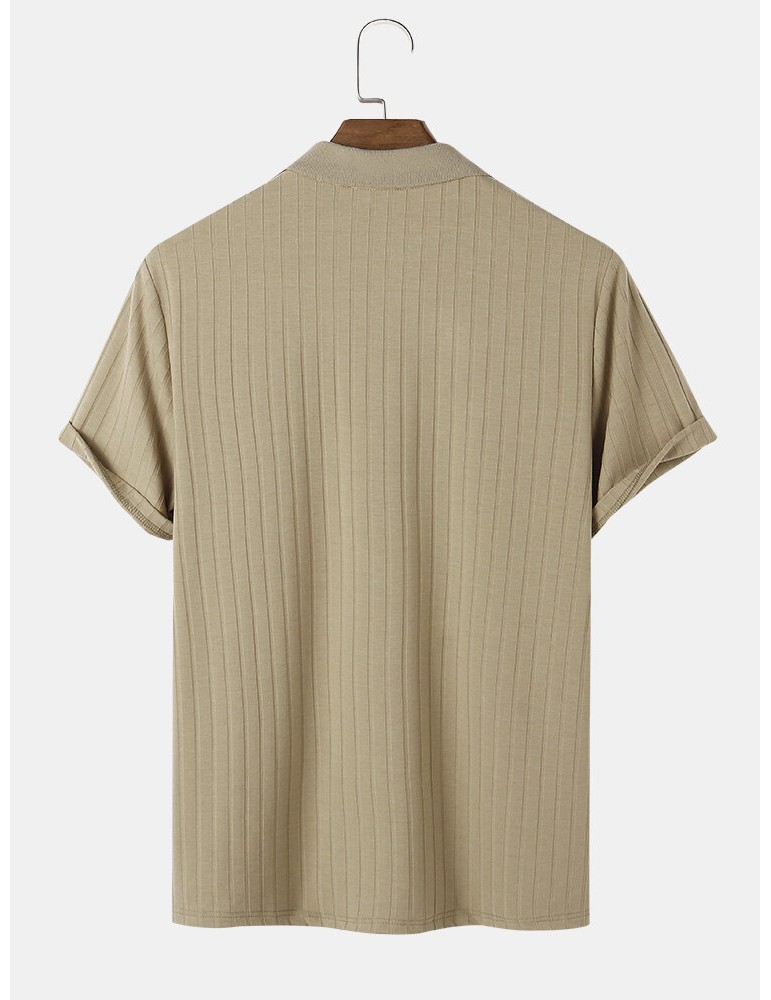 Mens Ribbed Texture Solid Color Short Sleeve Casual Golf Shirt