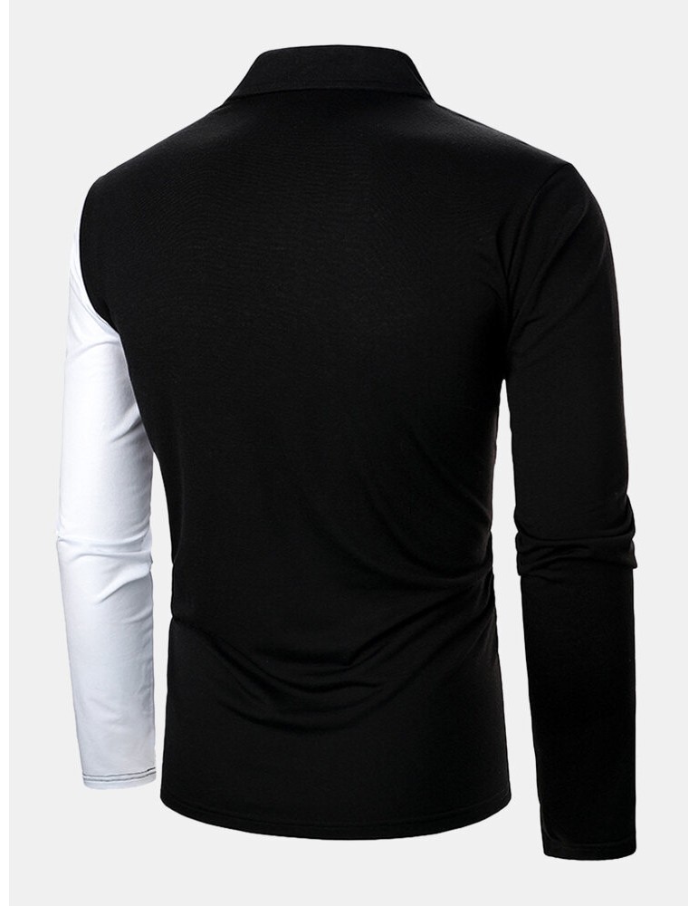 Mens Tricolor Patchwork Long Sleeve Golf Shirts With Chest Pocket